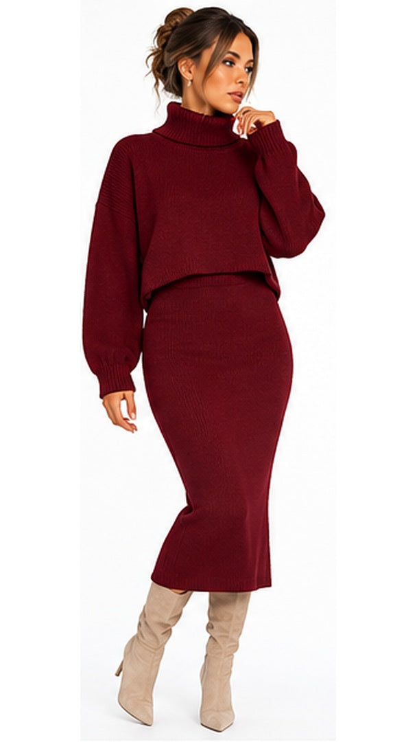 Claret roll neck knit co-ord full length