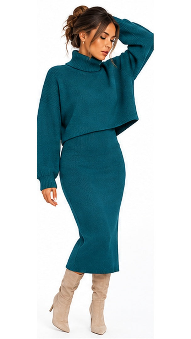 Malachite blue roll neck knit co-ord full length