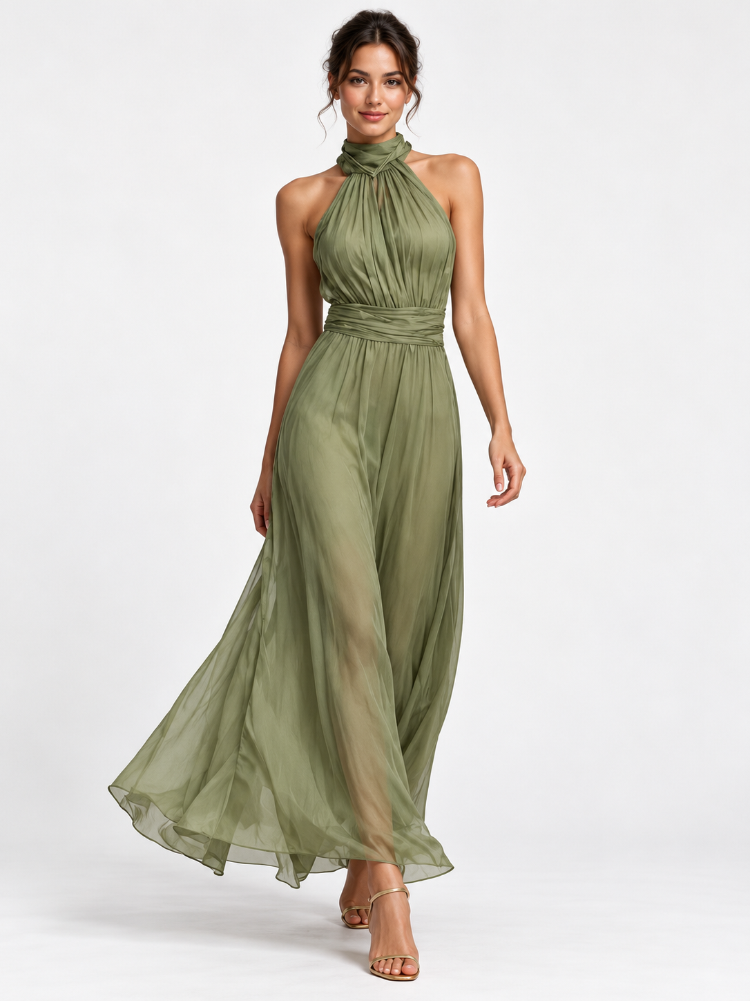 Ruched Halter Maxi Dress — armygreen full-length model pose on white background