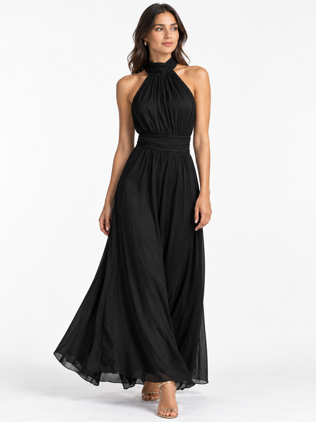 Ruched Halter Maxi Dress — black full-length model pose on white background