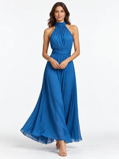 Ruched Halter Maxi Dress — blue full-length model pose on white background