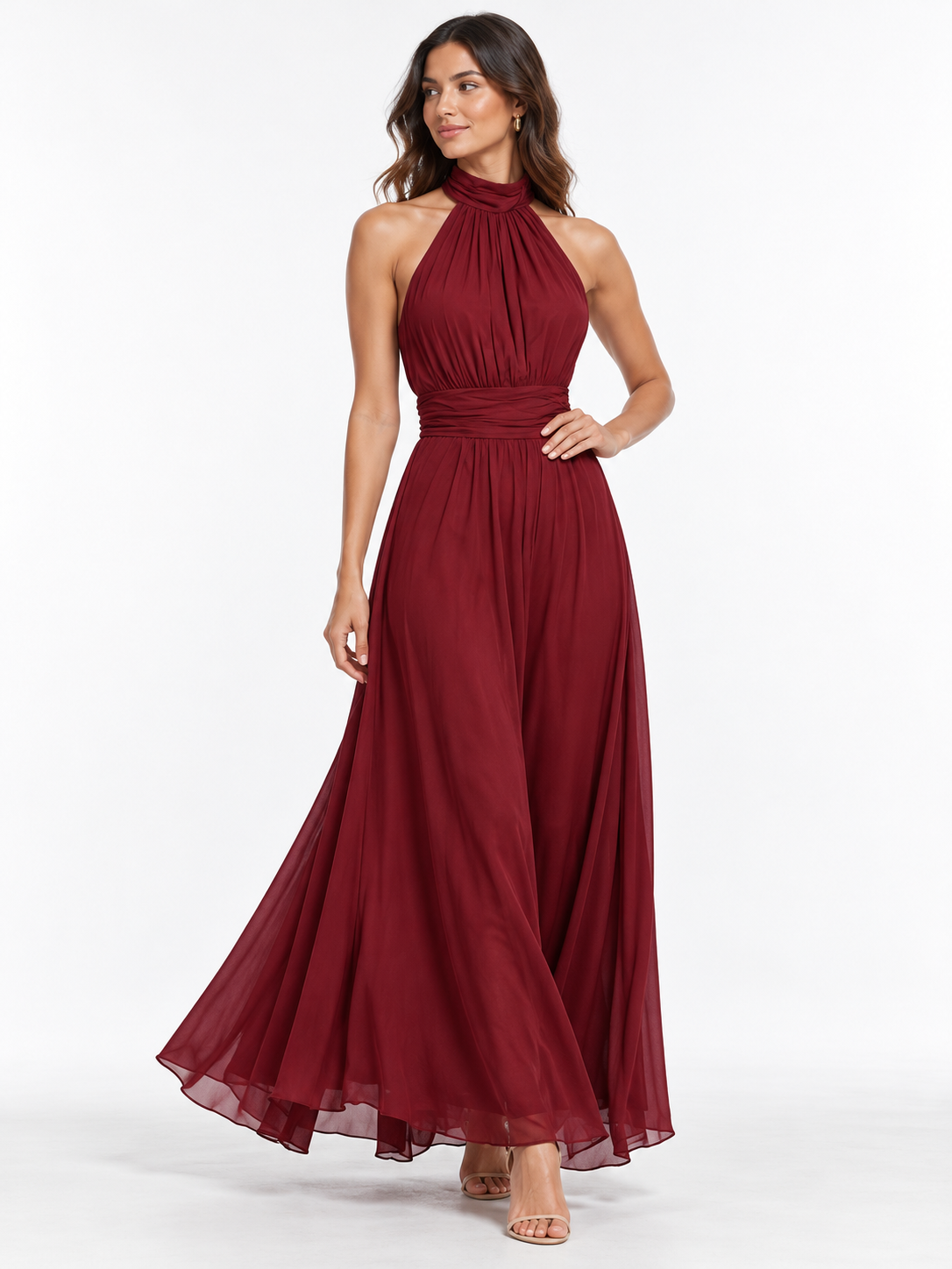 Ruched Halter Maxi Dress — burgundy full-length model pose on white background