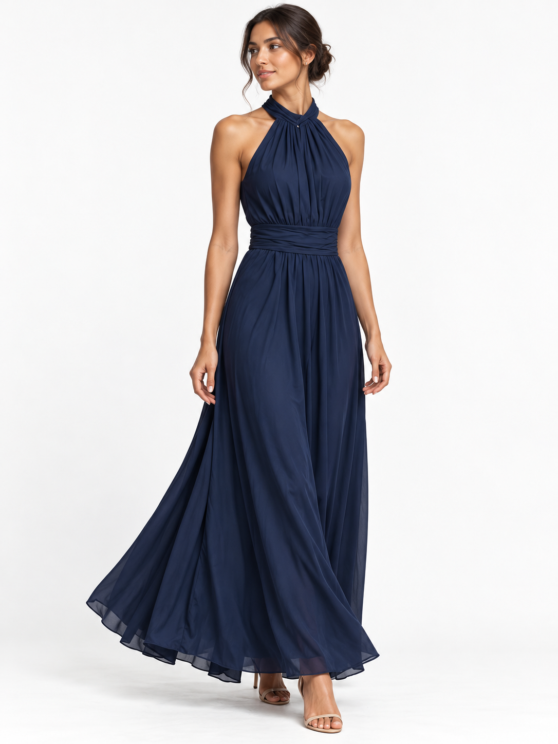 Ruched Halter Maxi Dress — navy full-length model pose on white background