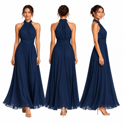Ruched Halter Maxi Dress in navy — full front, back and side views on bright white background, 800 x 800
