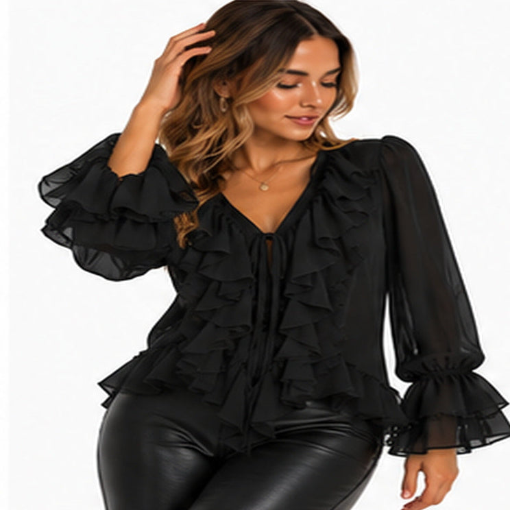 Ruffled V-neck blouse black seated