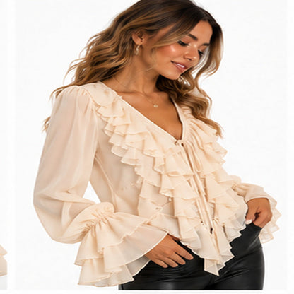 Ruffled V-neck blouse cream angle