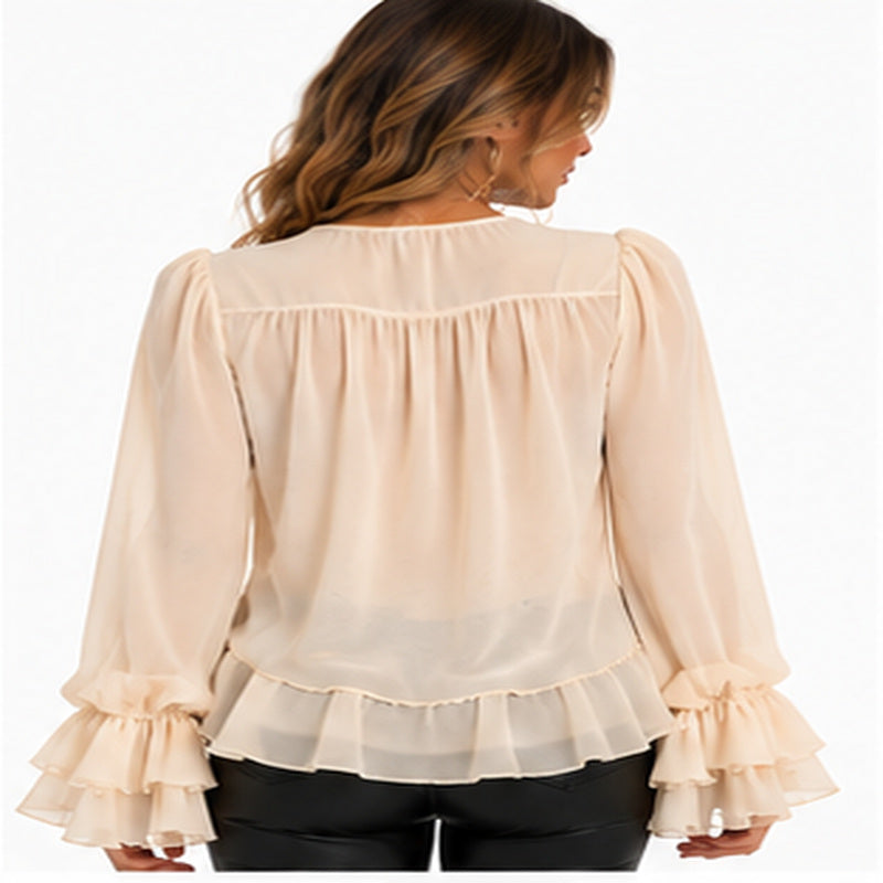 Ruffled V-neck blouse cream back