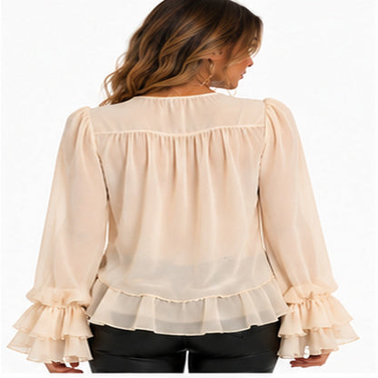 Ruffled V-neck blouse cream back