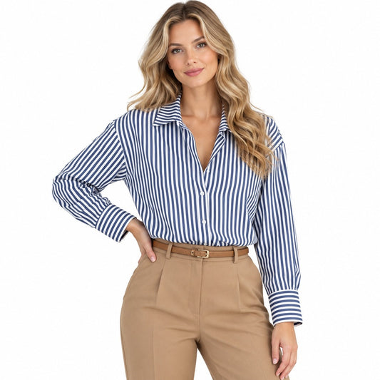 Blue striped button-up shirt front on blonde model