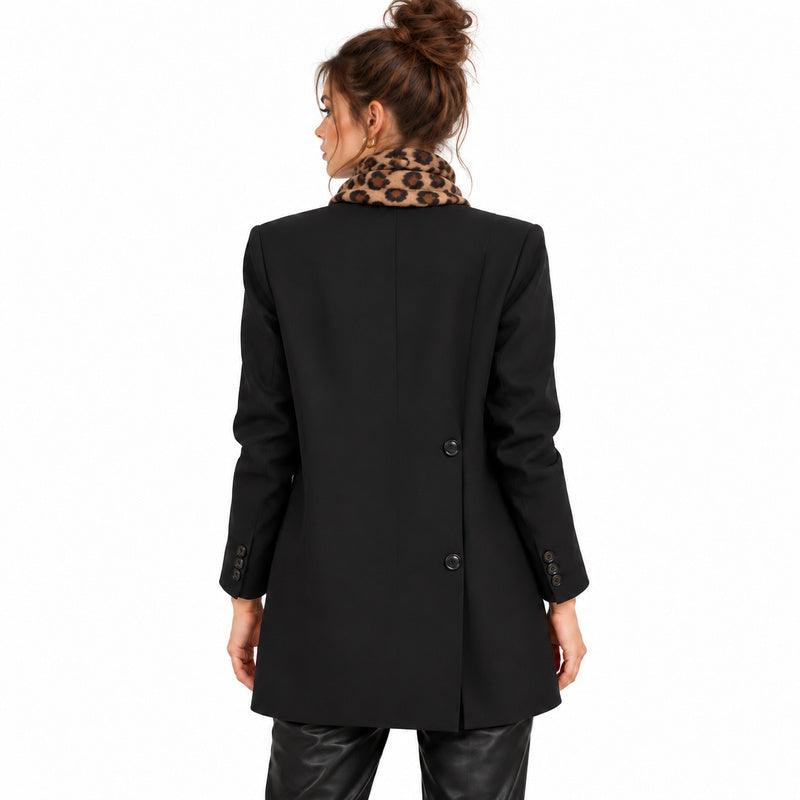 The Structured Blazer — black back on brunette model with leopard scarf