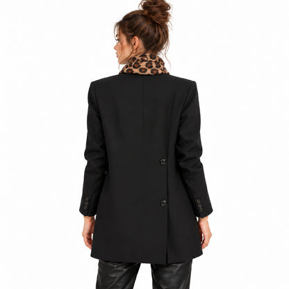 The Structured Blazer — black back on brunette model with leopard scarf