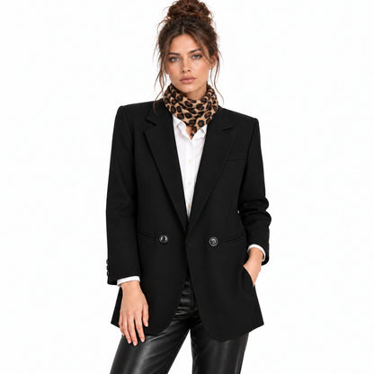 The Structured Blazer — black front on brunette model with leopard scarf