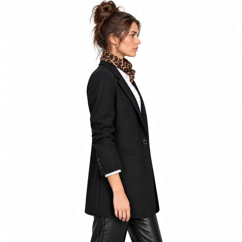 The Structured Blazer — black side on brunette model with leopard scarf