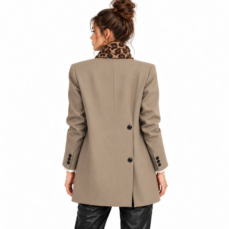 The Structured Blazer — khaki back on brunette model with leopard scarf
