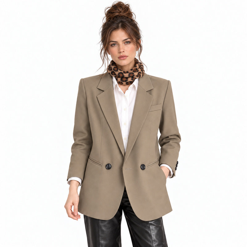 The Structured Blazer — khaki front on brunette model with leopard scarf