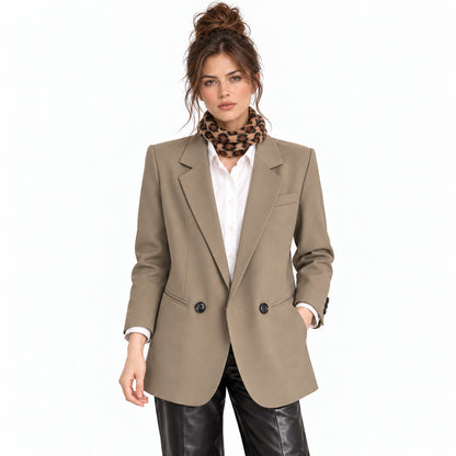 The Structured Blazer — khaki front on brunette model with leopard scarf