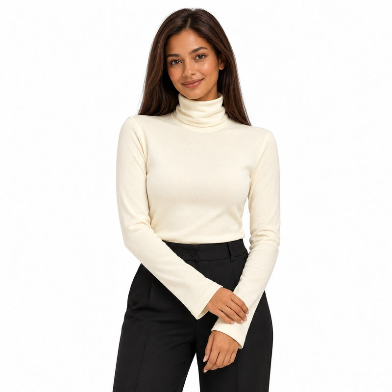 apricot front thermal high-neck top on brunette model with light brown skin