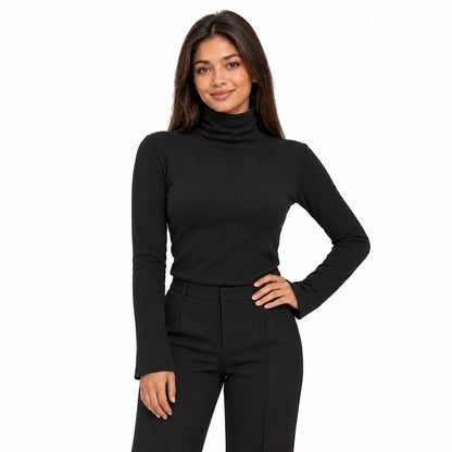 black front thermal high-neck top on brunette model with light brown skin