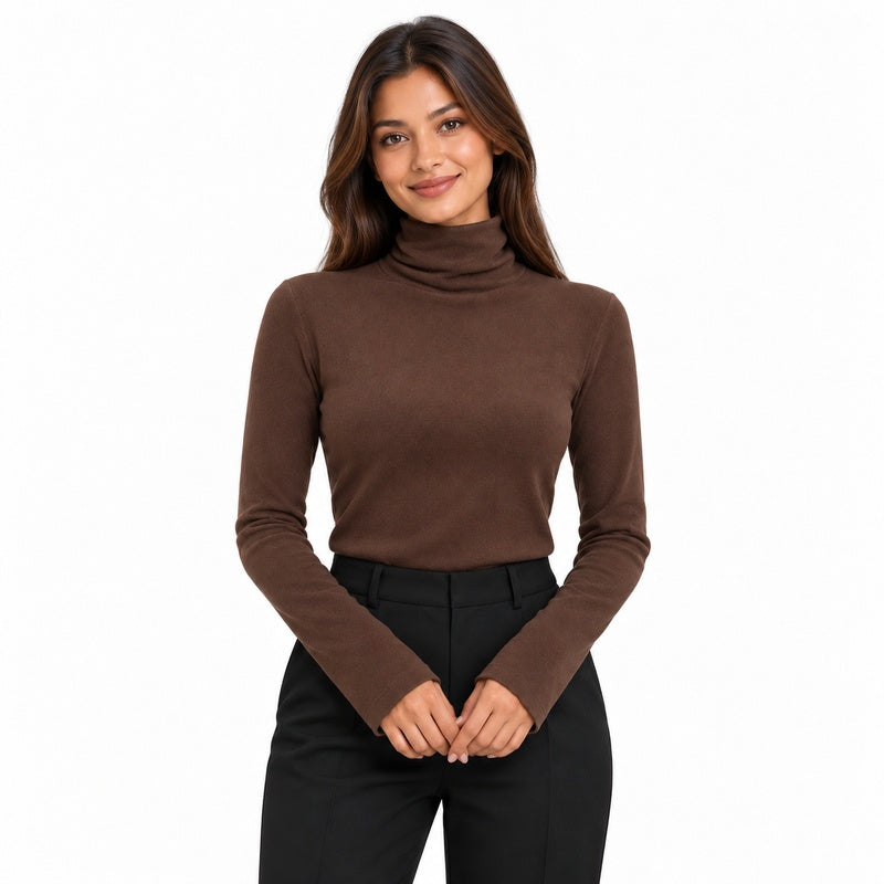 coffee front thermal high-neck top on brunette model with light brown skin