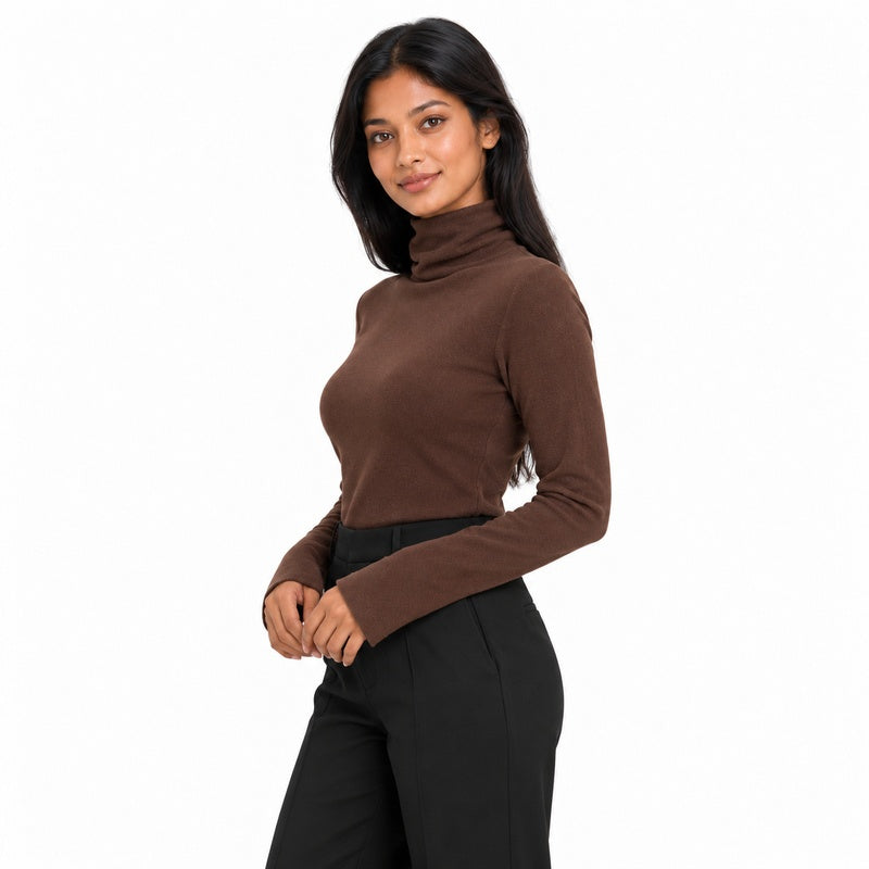 coffee side thermal high-neck top on brunette model with light brown skin