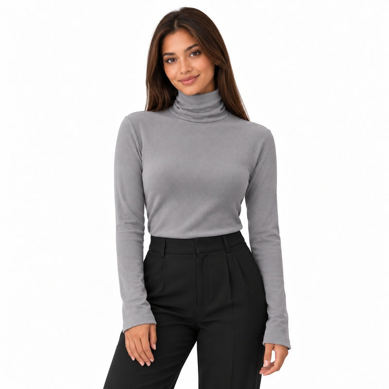 grey front thermal high-neck top on brunette model with light brown skin