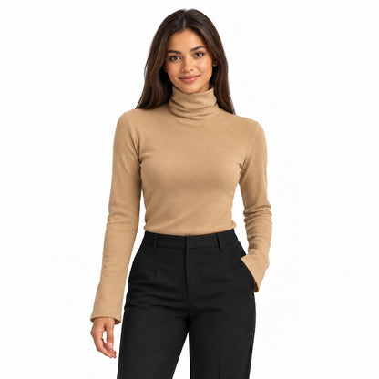 khaki front thermal high-neck top on brunette model with light brown skin