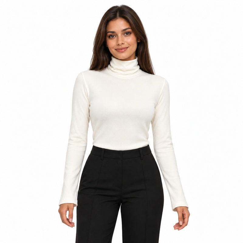 white front thermal high-neck top on brunette model with light brown skin