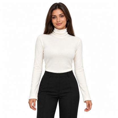 white front thermal high-neck top on brunette model with light brown skin