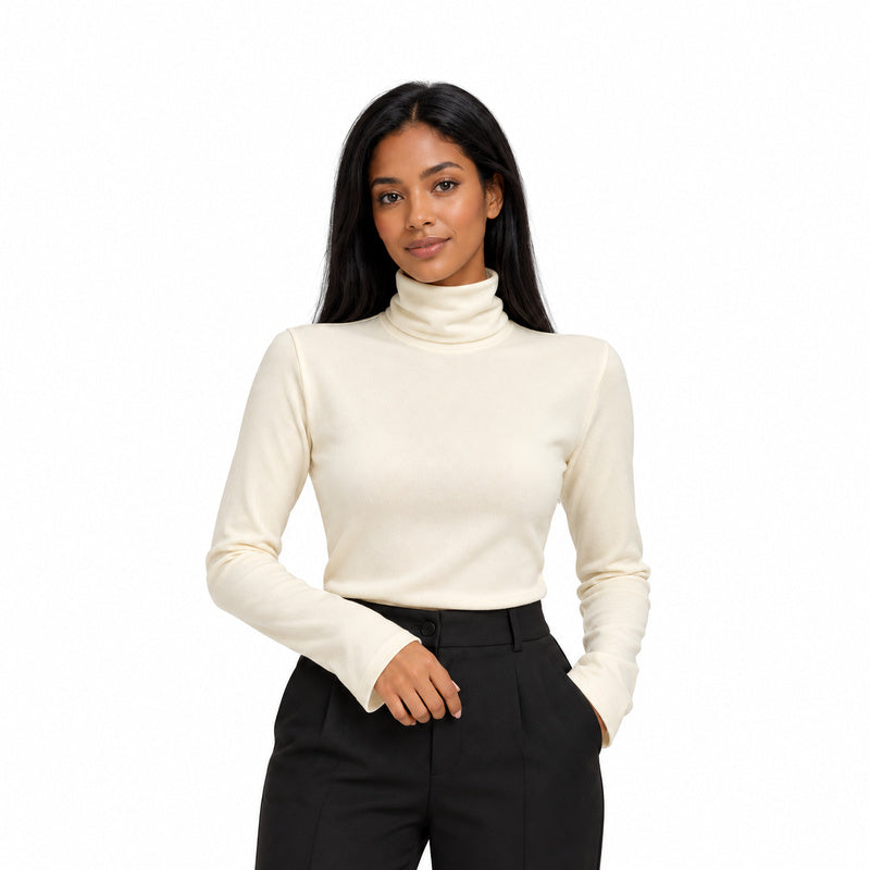 Thermal high-neck knit top in apricot, half-body model with long black hair on white