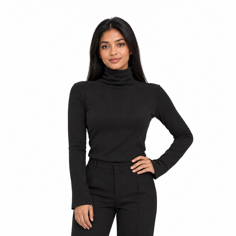 Thermal high-neck knit top in black, half-body model with long black hair on white