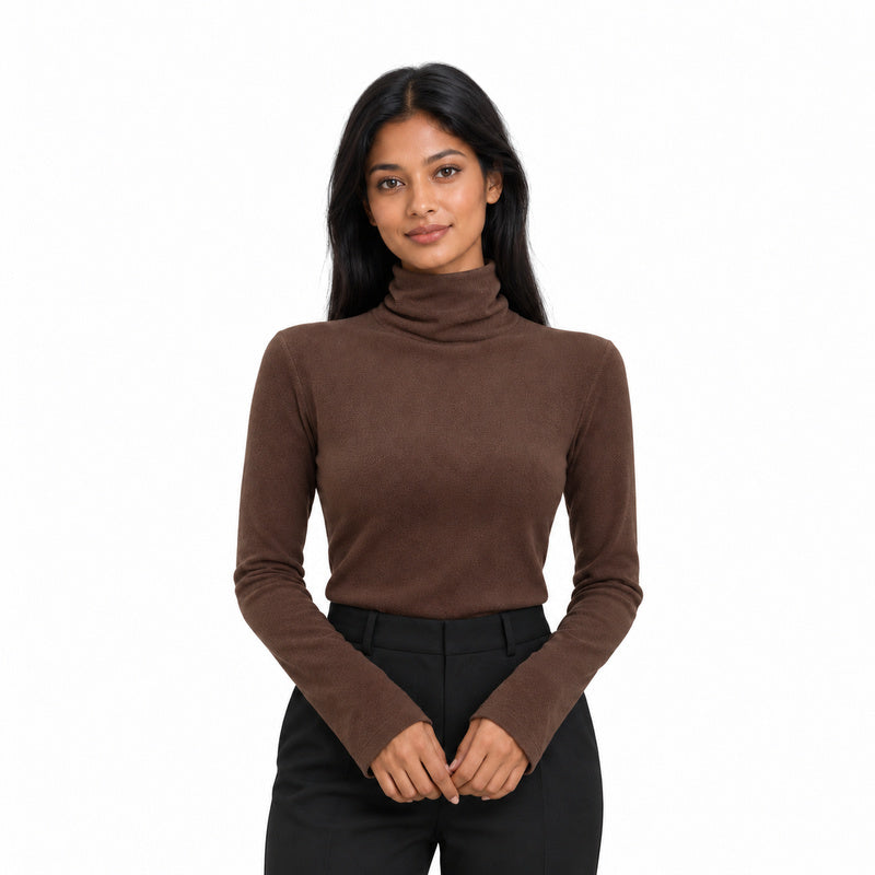 Thermal high-neck knit top in coffee, half-body model with long black hair on white