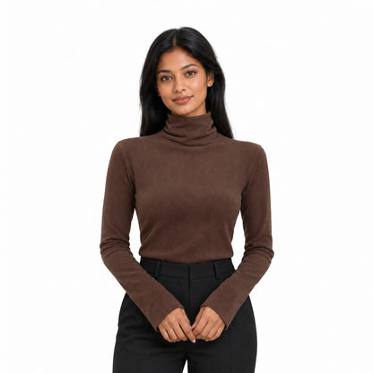 Thermal high-neck knit top in coffee, half-body model with long black hair on white