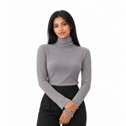 Thermal high-neck knit top in grey, half-body model with long black hair on white