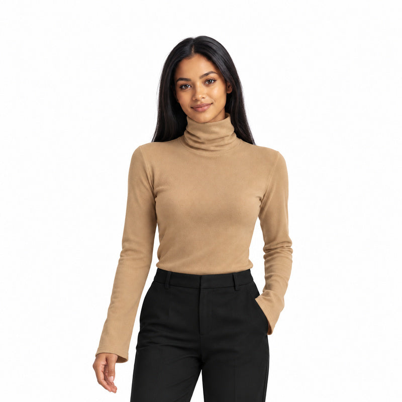 Thermal high-neck knit top in khaki, half-body model with long black hair on white