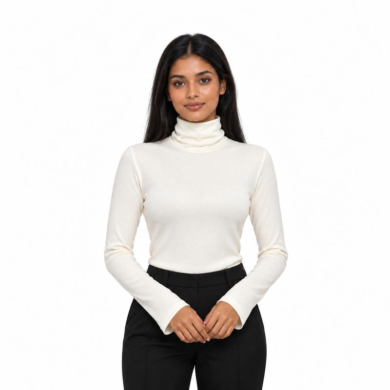 Thermal high-neck knit top in white, half-body model with long black hair on white