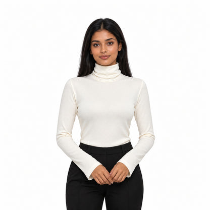 Thermal high-neck knit top in white, half-body model with long black hair on white