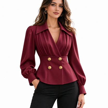 V-neck peplum blouse claret on white background