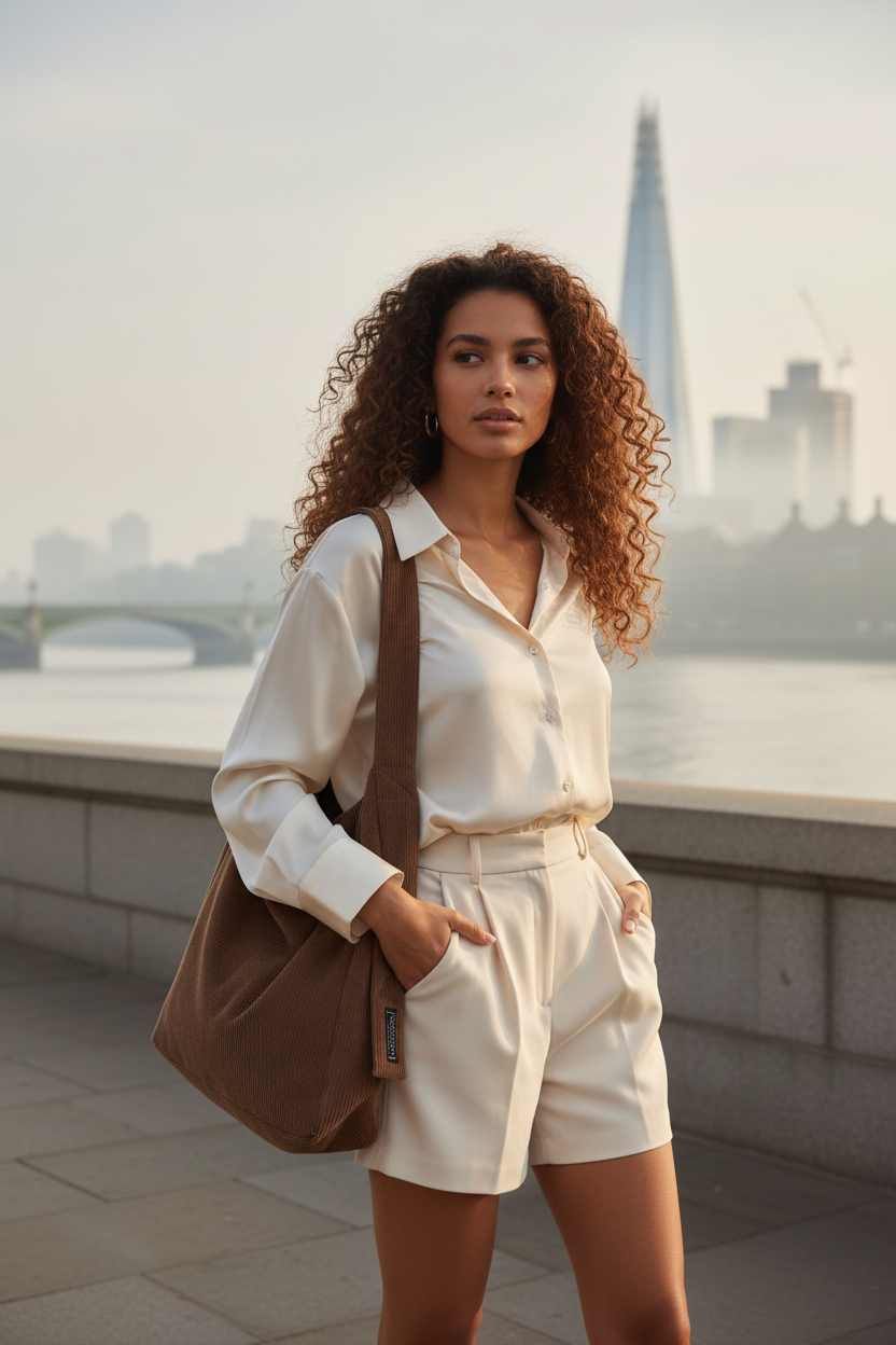 Woman in silk satin blouse with cord bag along the Thames