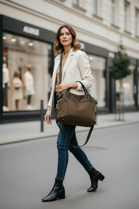 Woman with Brown Bag on Shoulder